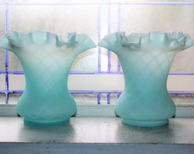Large Fenton Blue Diamond Quilted Vases Pair Satin Glass