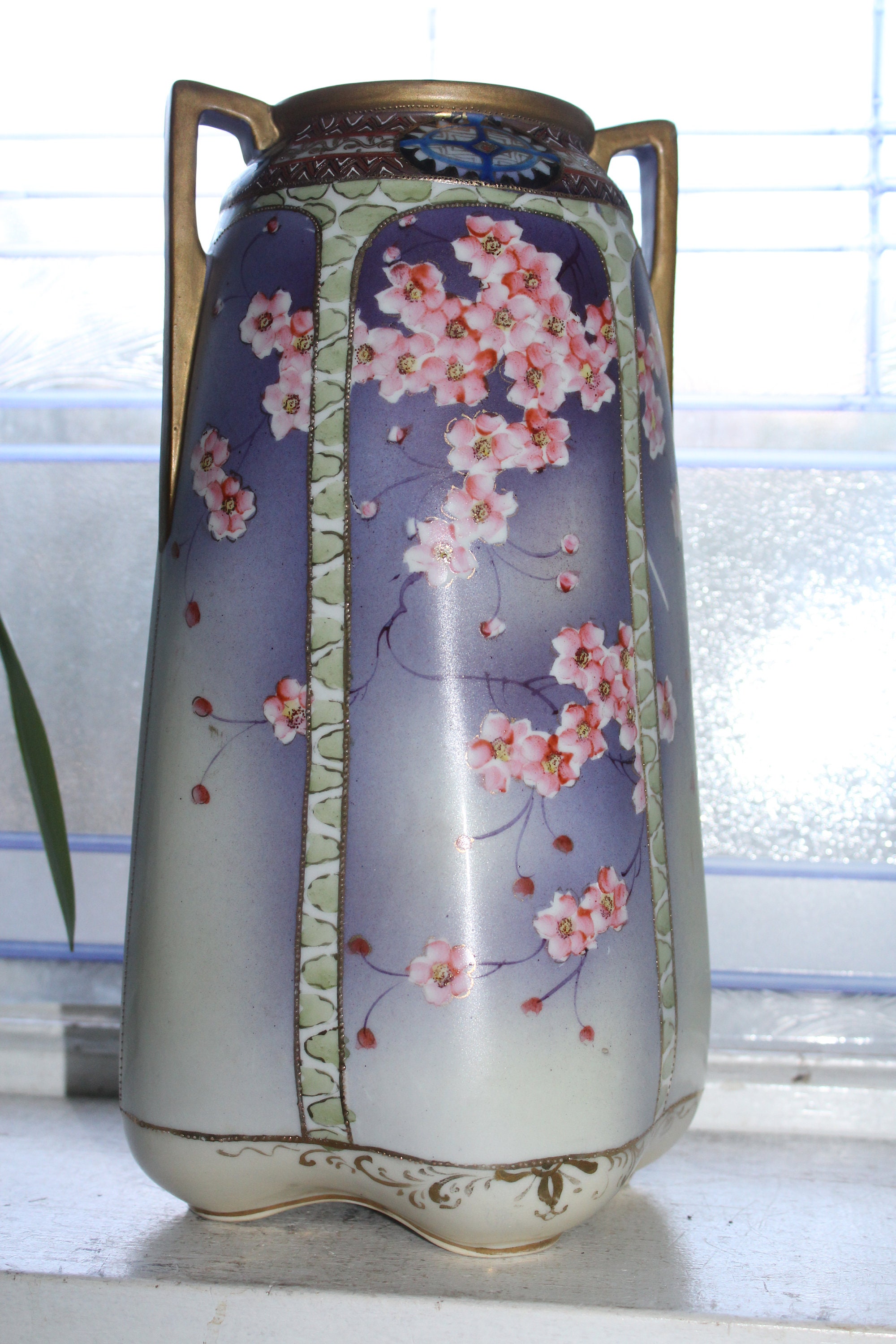 Large Antique Nippon Double Handled Vase Hand Painted Cherry Blossoms