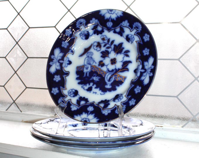 4 Antique Dark Flow Blue Luncheon Plates 9" Royal Staffordshire Pekin Gold Trim