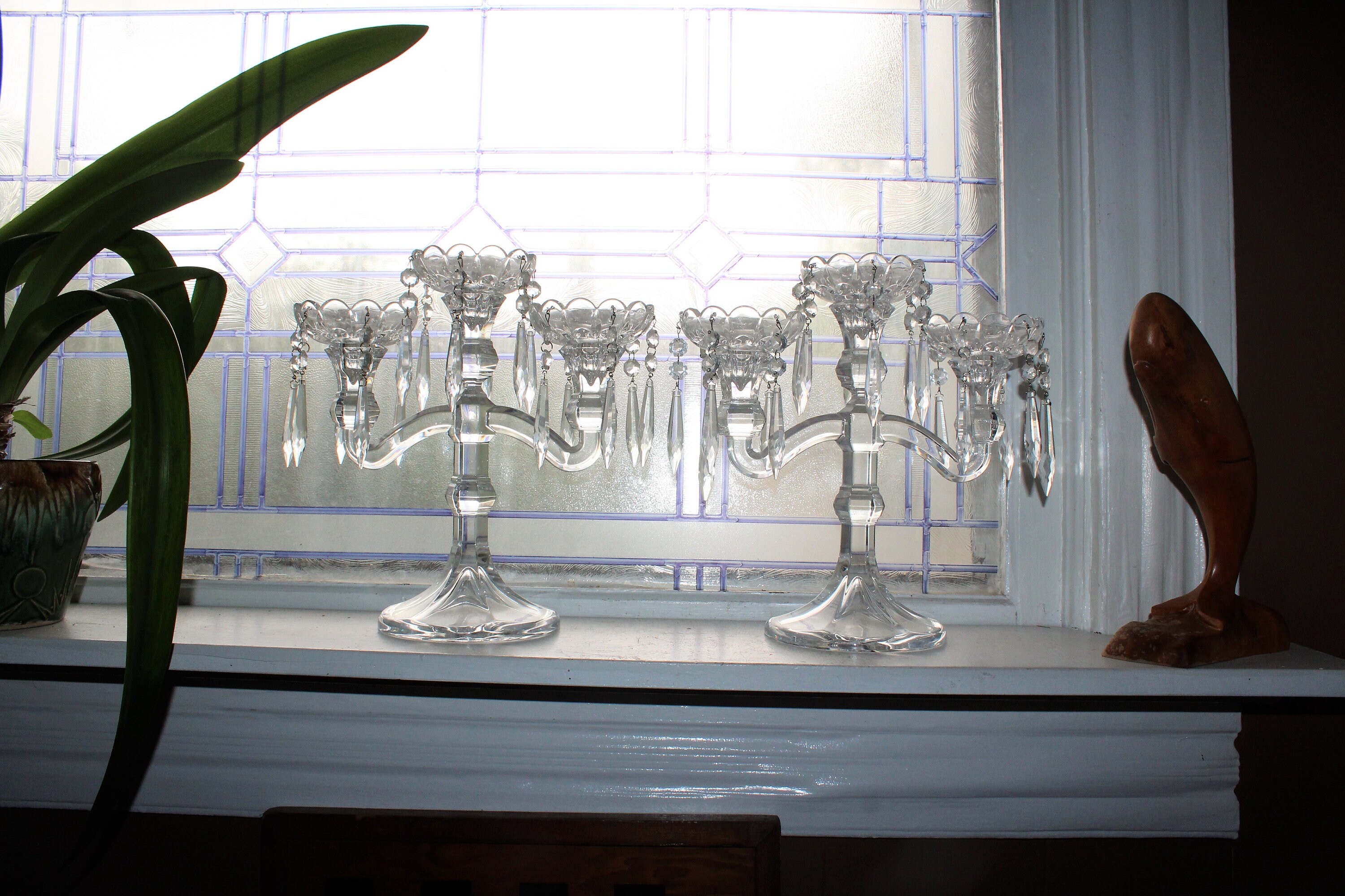 Vintage Elegant Glass Candelabra Pair with Prisms