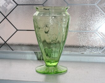 Green Depression Glass Footed Vase 6" Cameo Ballerina Vintage 1930s