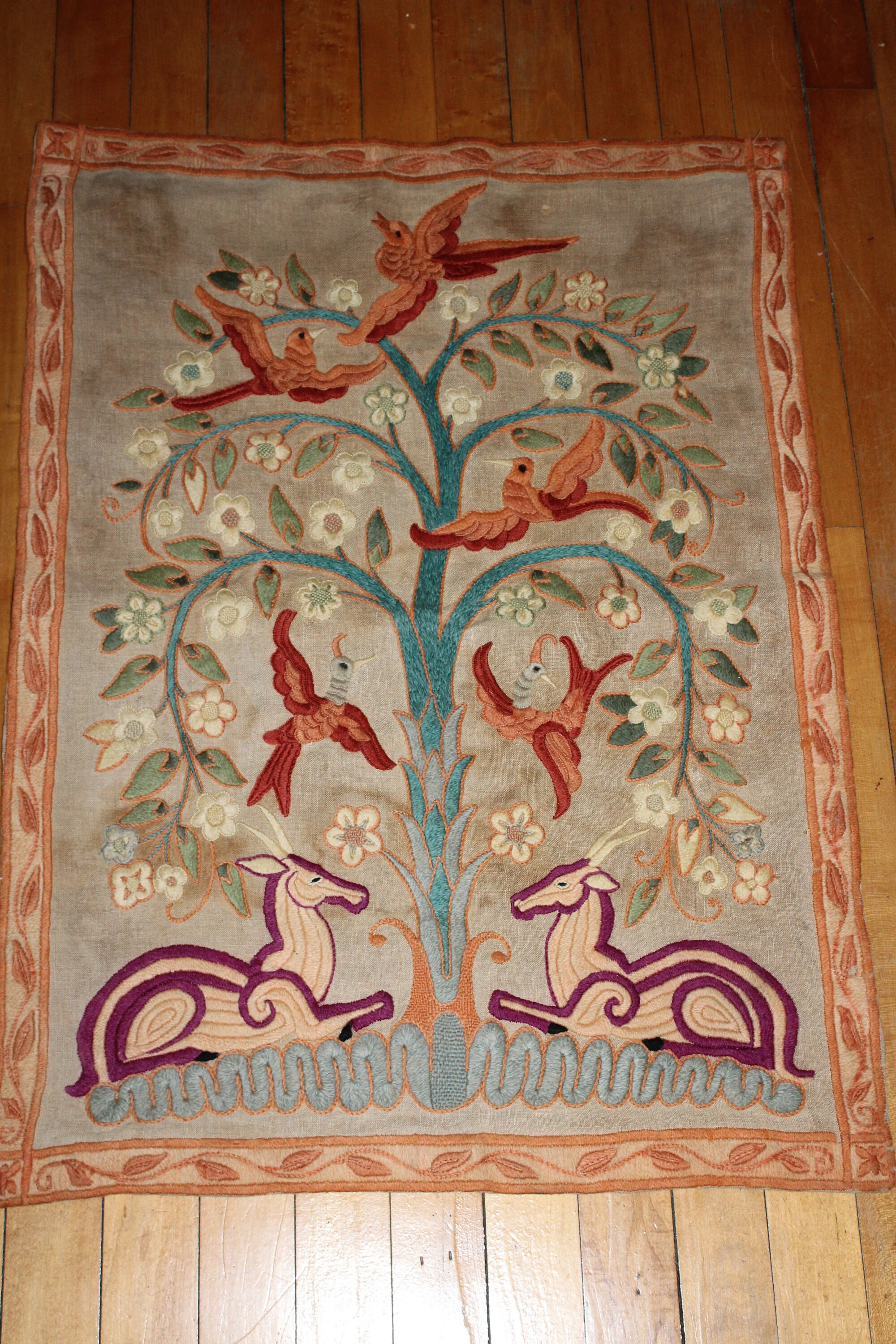 Vintage Embroidered Tapestry Folk Art Dated 1930 Gazelles Birds Tree