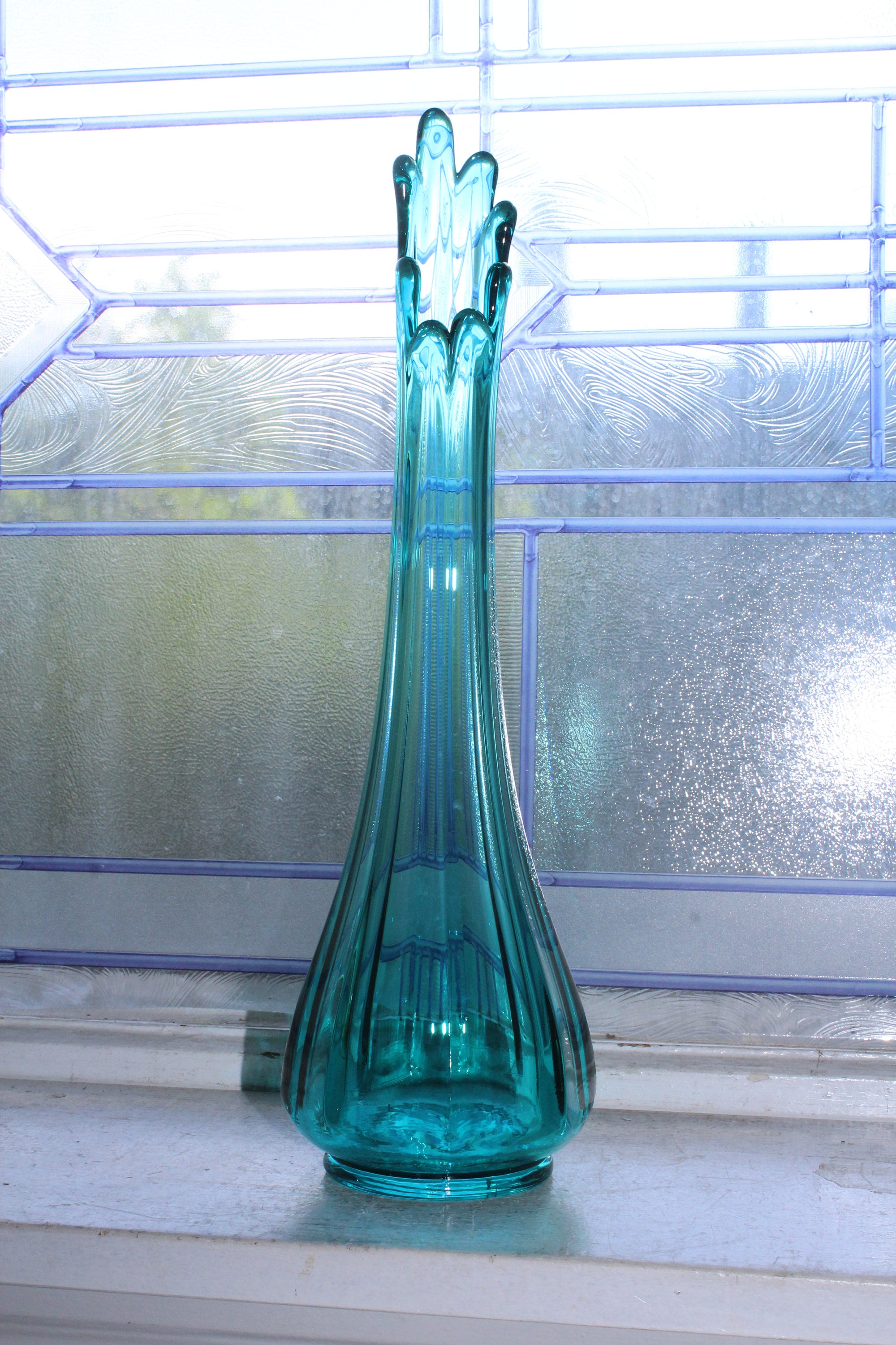 Large Blue Swung Glass Vase 13 75 Vintage Mid Century Modern