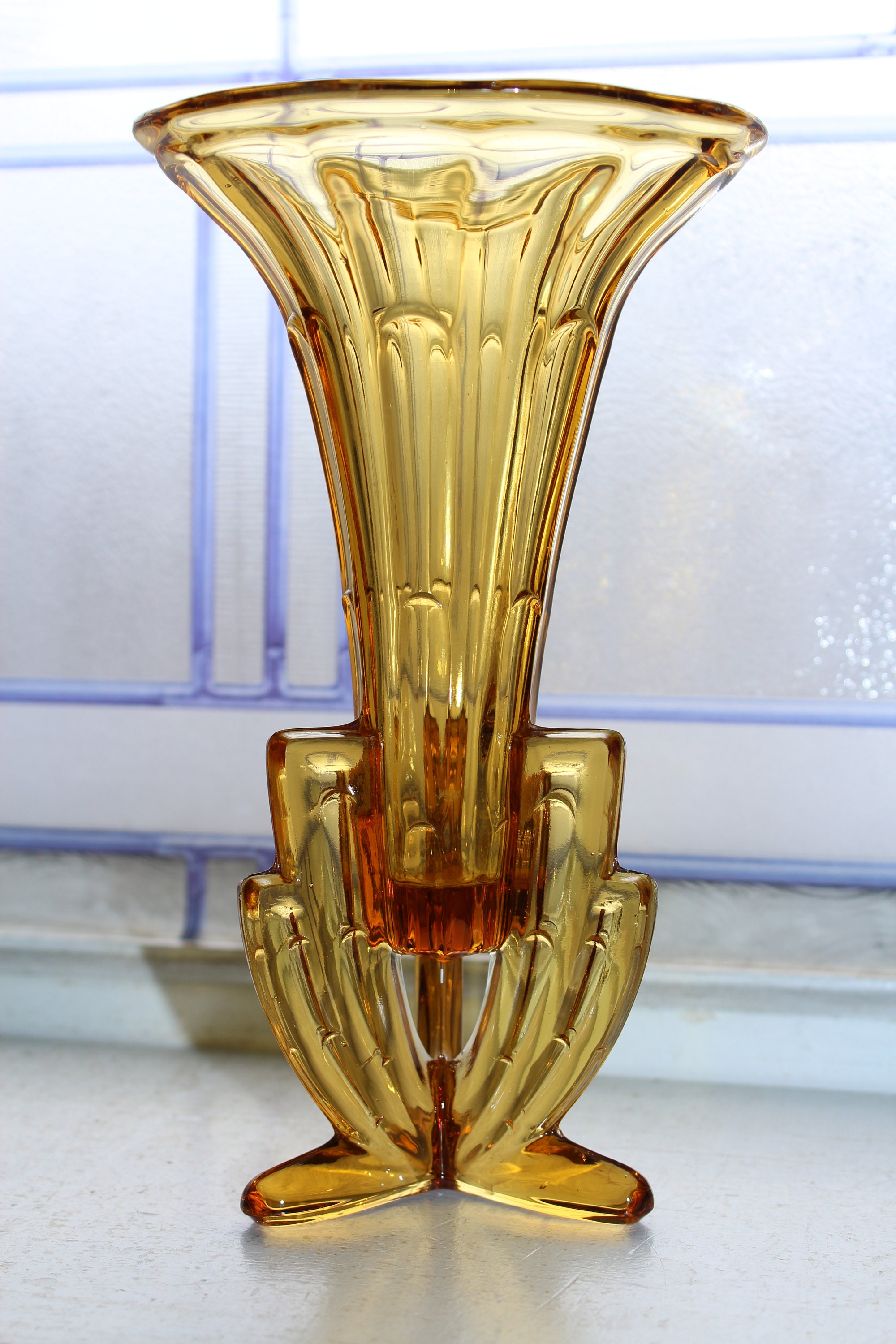Art Deco Footed Vase Amber Glass Skyscraper Vase Vintage 1920s