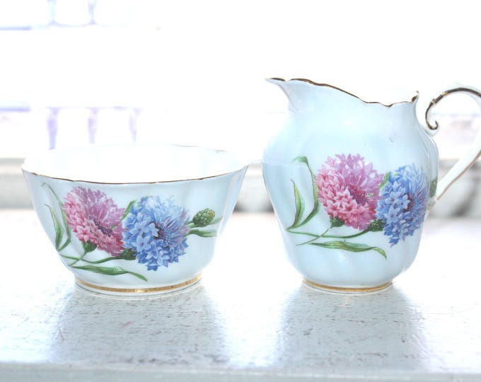 Paragon Sugar and Creamer Bachelor Button Flowers Vintage Bone China