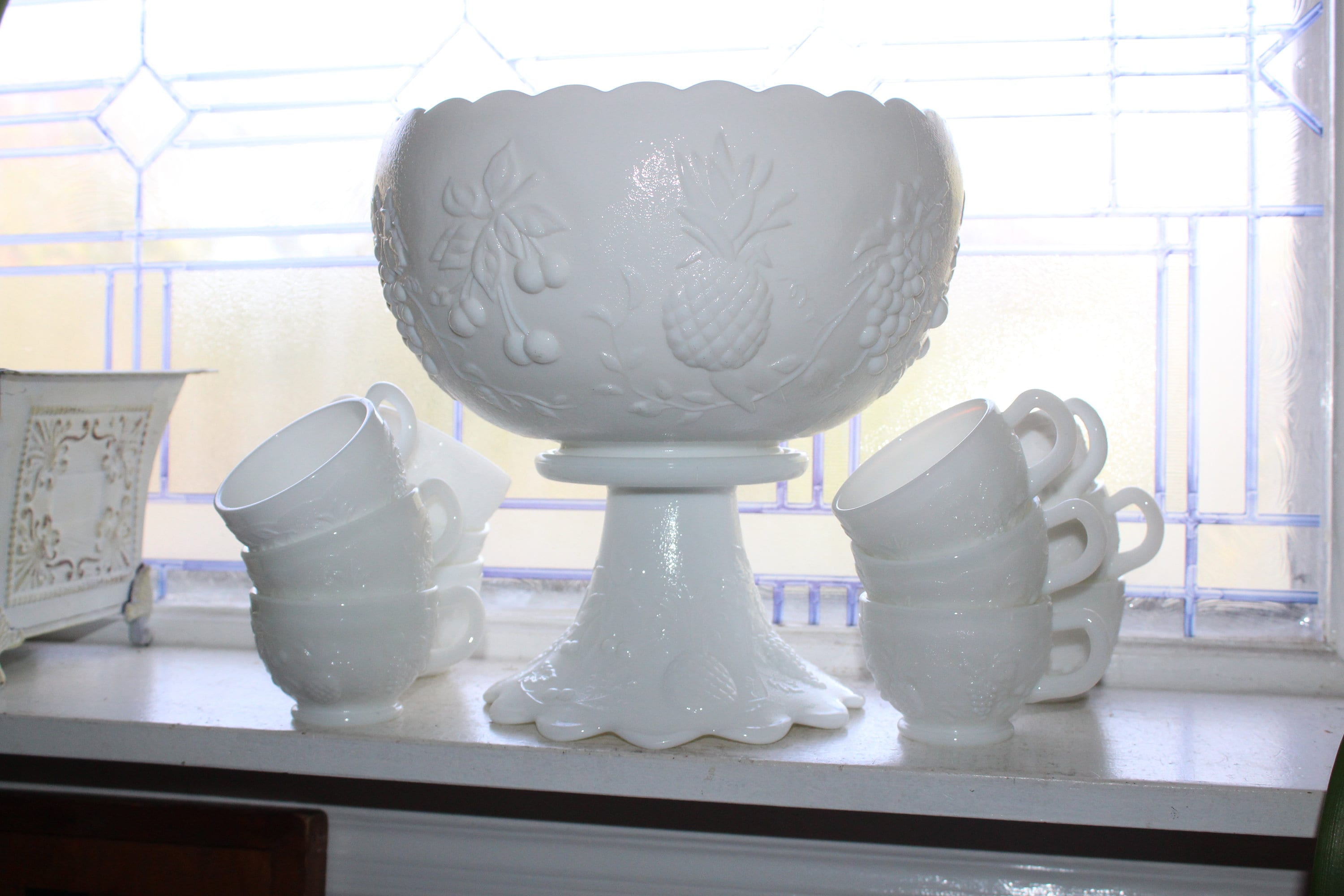 Vintage Milk Glass Punch Bowl Set Westmoreland 14 Pc Set Three Fruits