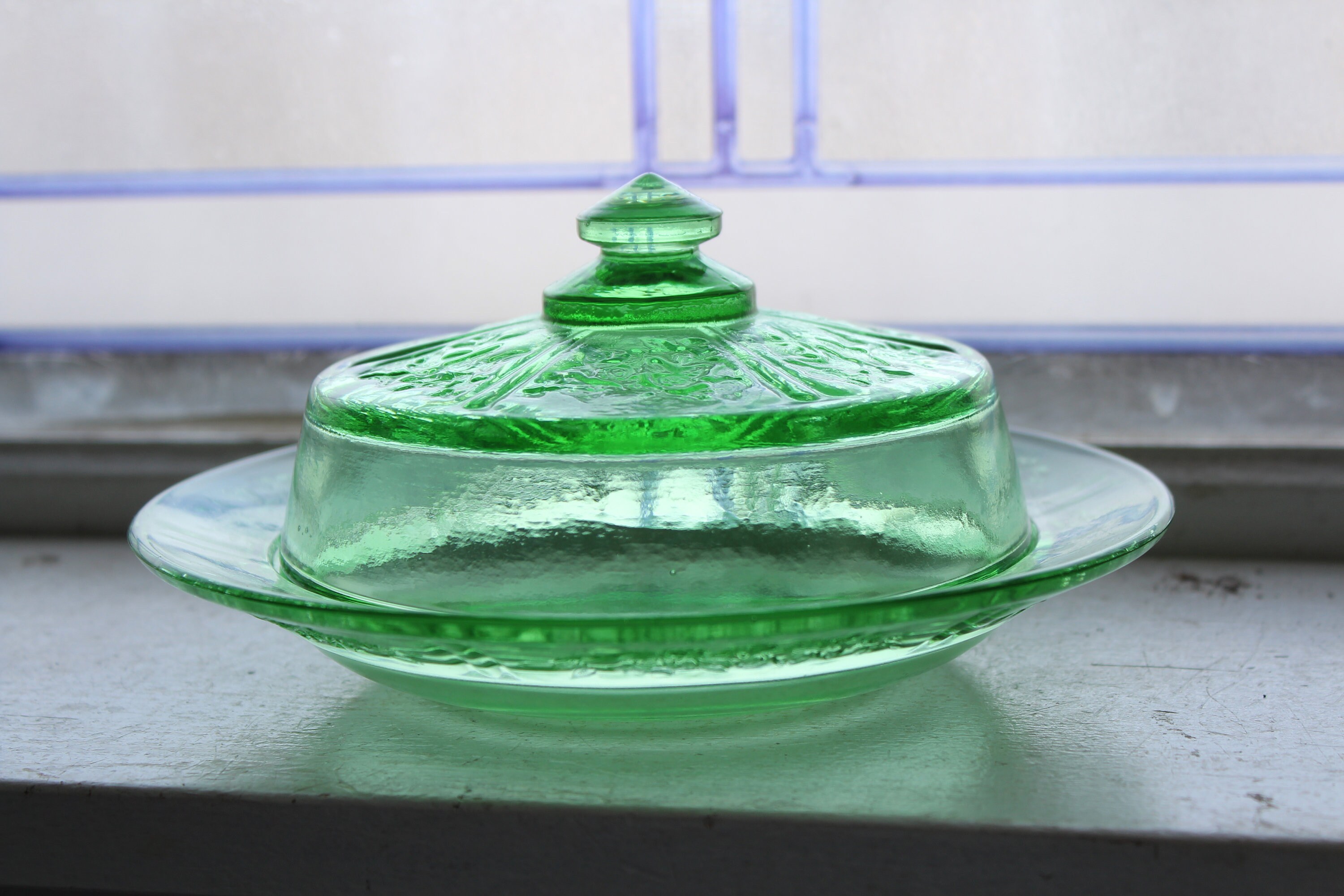 Green Depression Glass Round Butter Dish Sharon Cabbage Rose