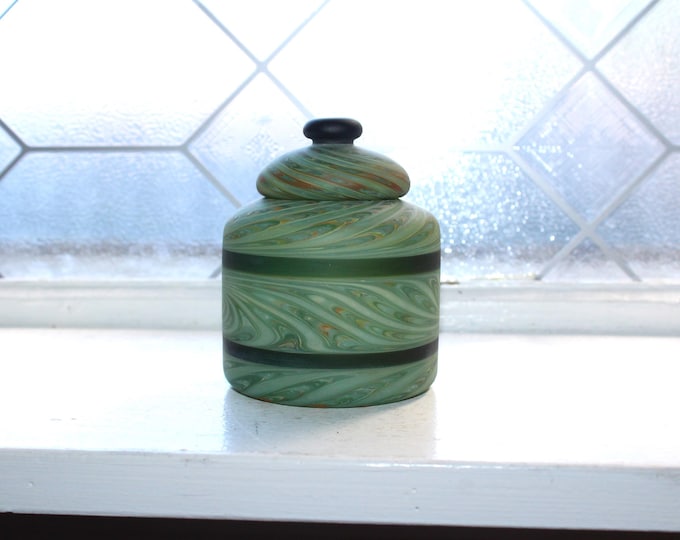 Studio Art Glass Jar with Lid Green Spiral with Black Stripes HANDMADE