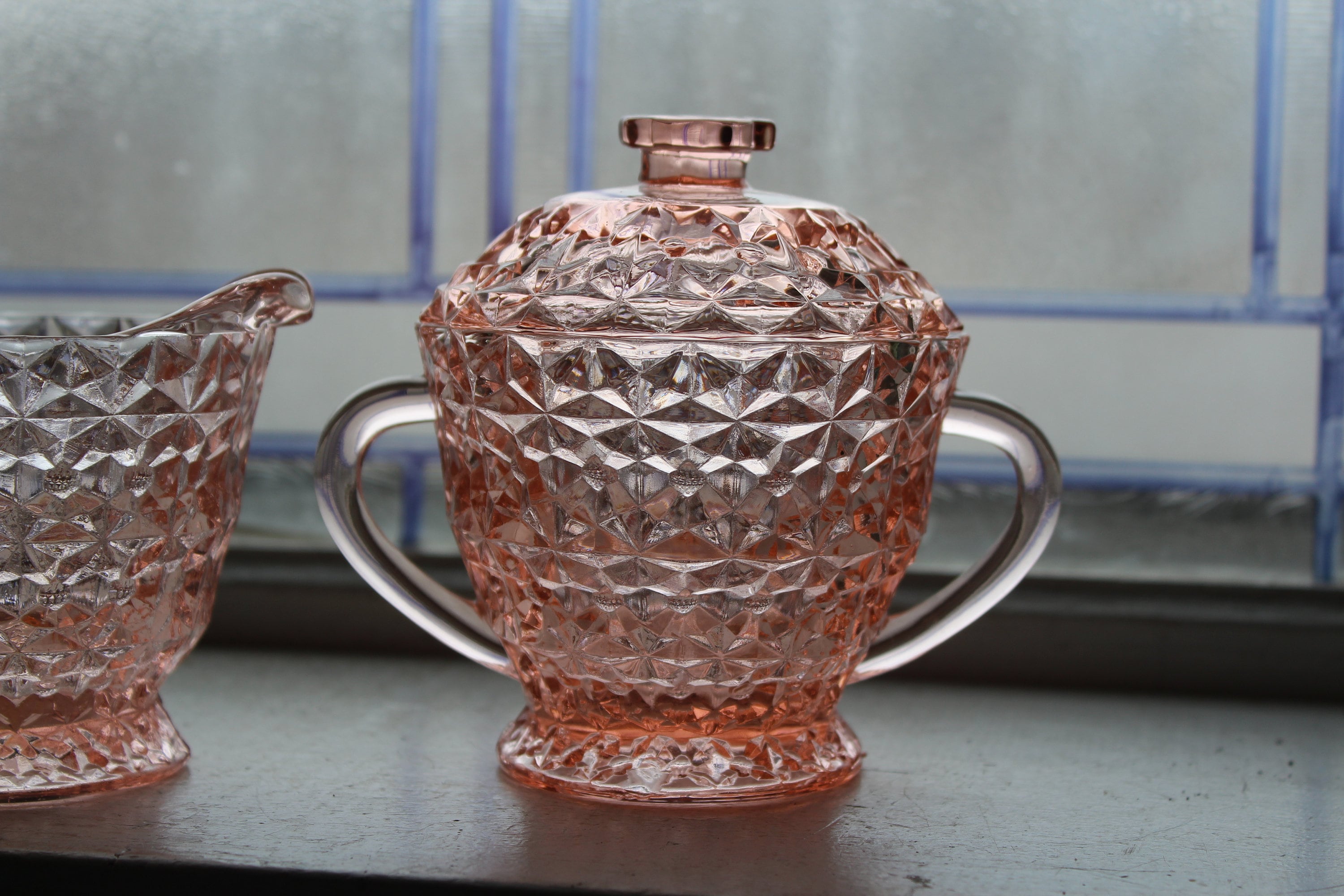 Pink Depression Glass Sugar Bowl and Creamer Buttons and Bows 1930s