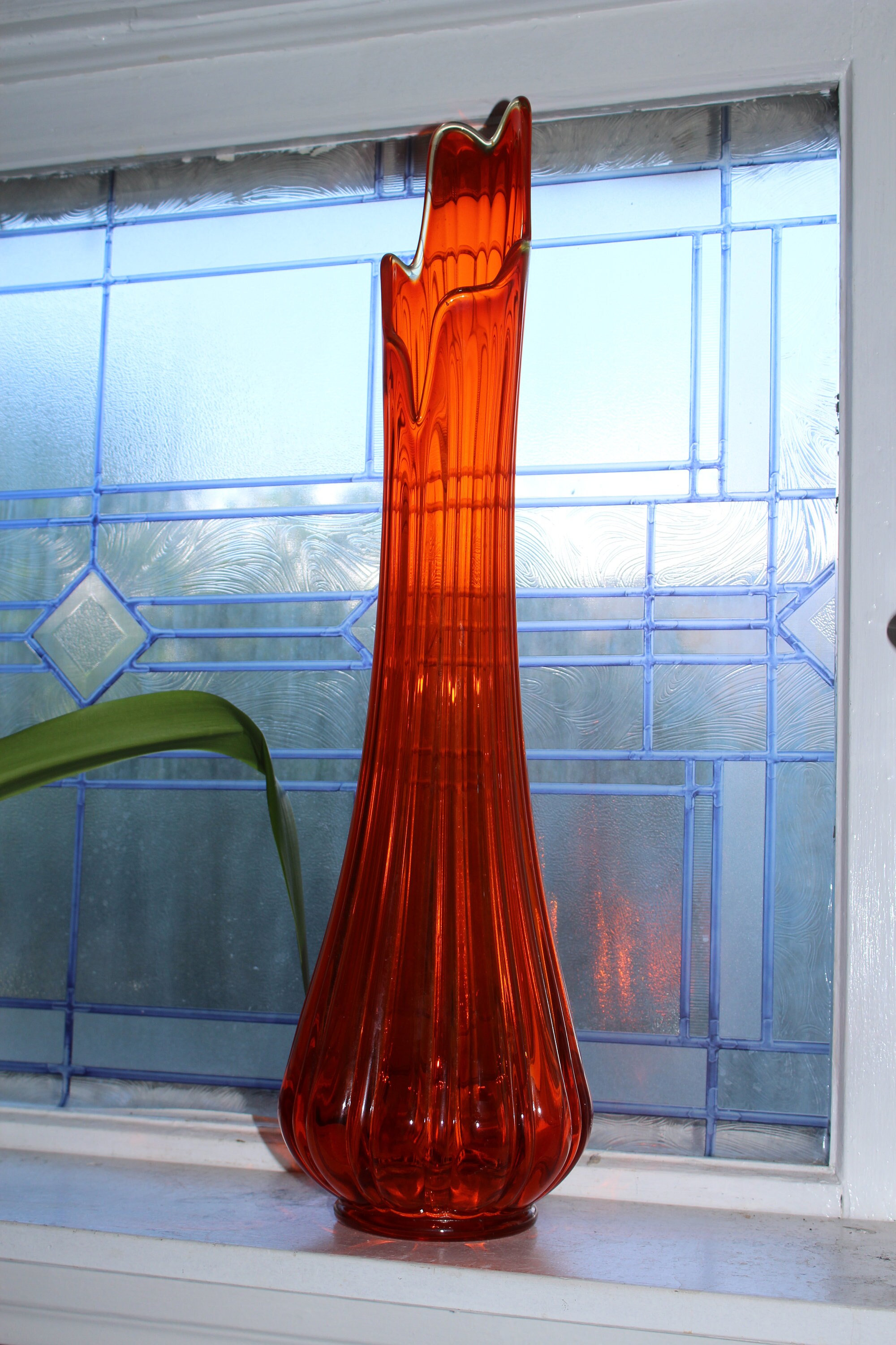 Large Orange Swung Glass Vase 23.25 Vintage Mid Century Modern