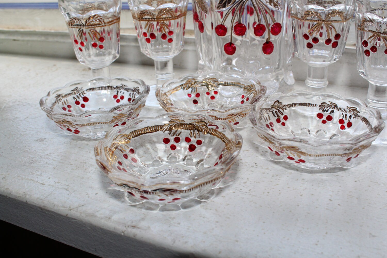 Mosser Glass Childrens Dishes Cherry Thumbprint Pitcher Goblets Bowls