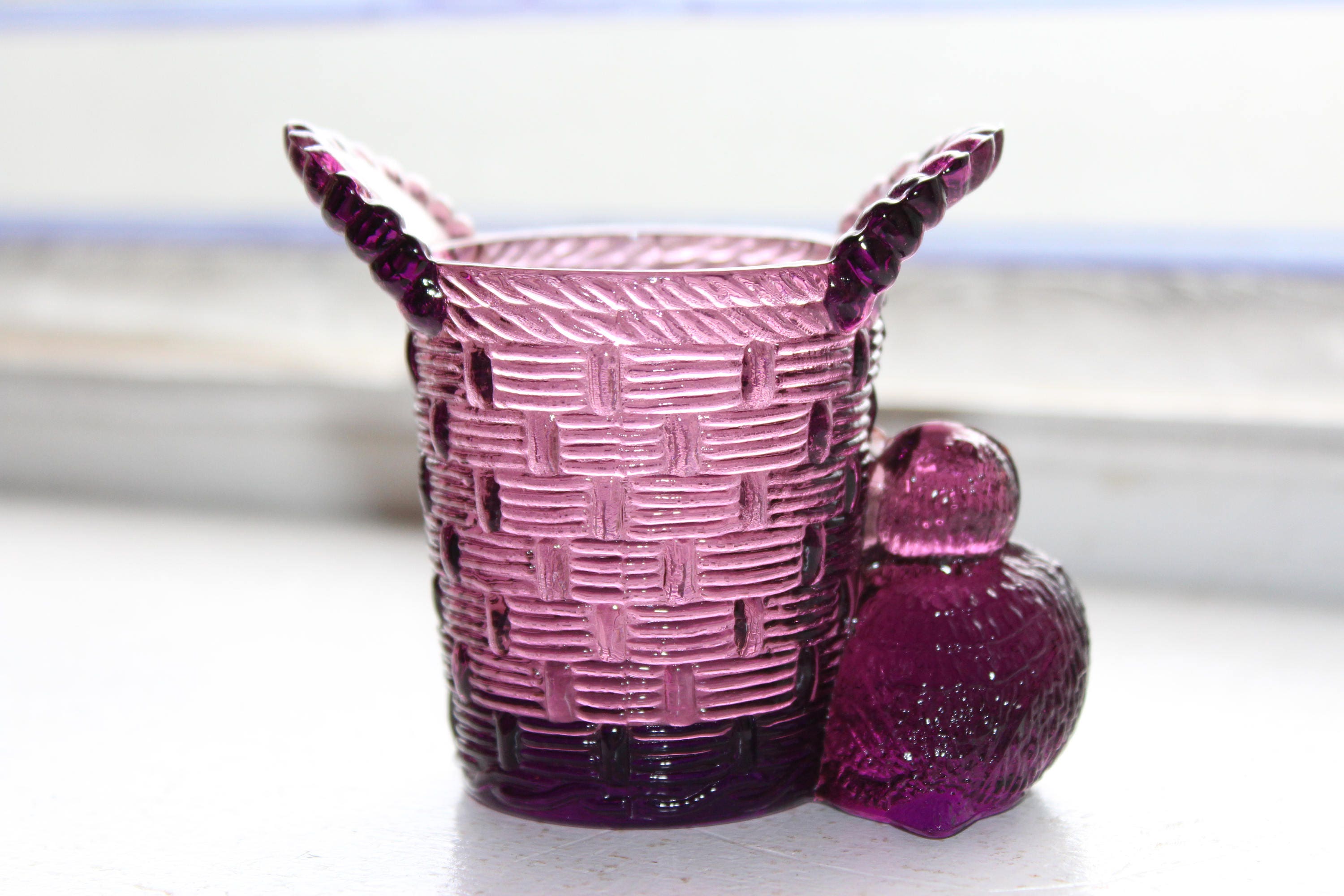Amethyst Glass Toothpick Holder Chick and Basket Vintage Purple