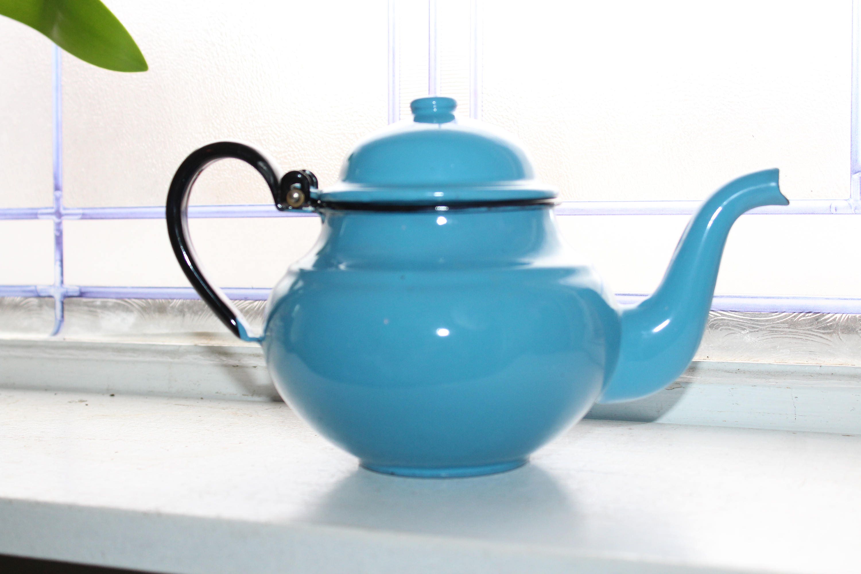 Vintage Blue Enamelware Teapot Blue Graniteware Tea Pot