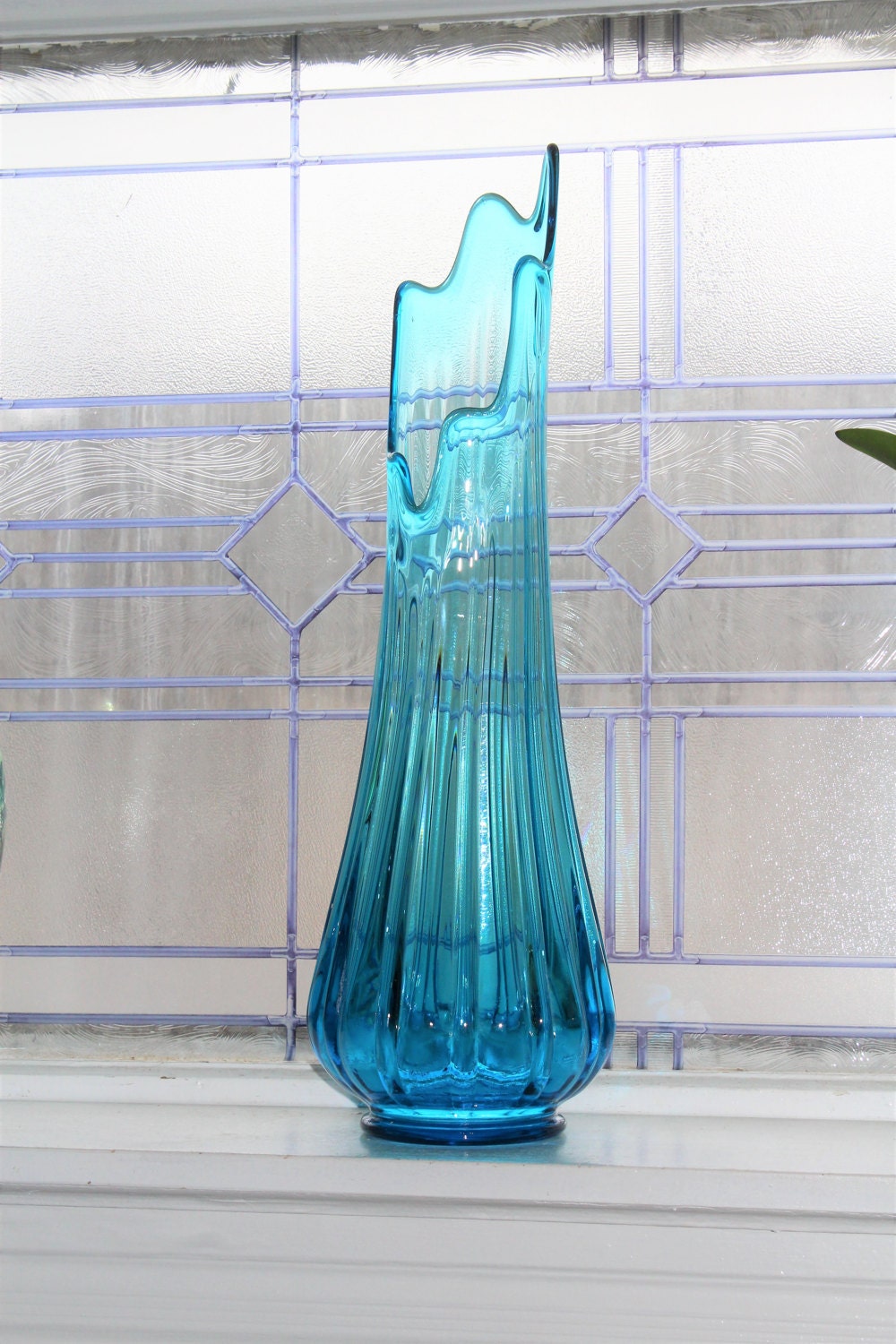 Large Blue Swung Glass Vase 20.5 Vintage 1960s