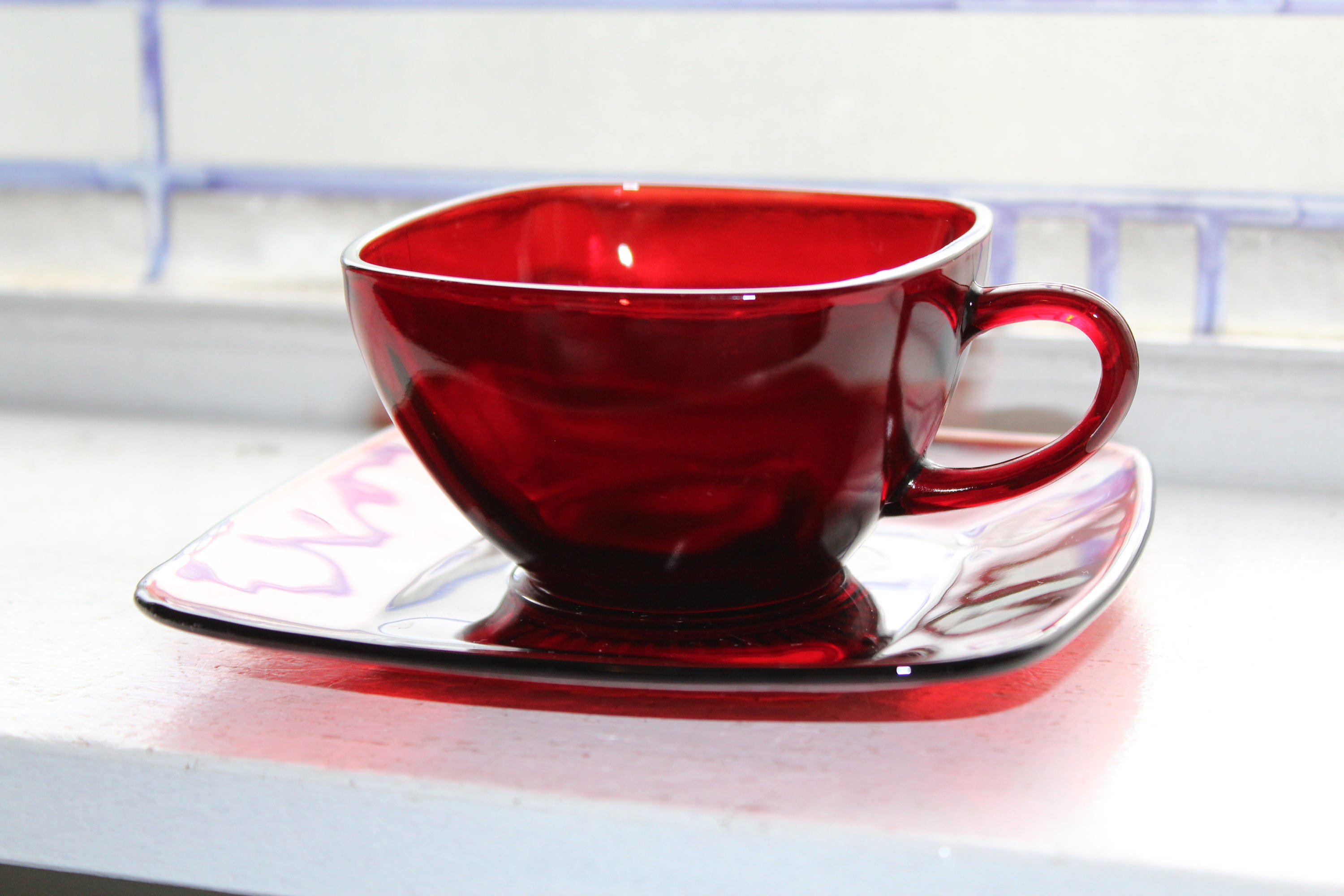 9 Royal Ruby Red Square Cup and Saucer Sets Vintage 1940s