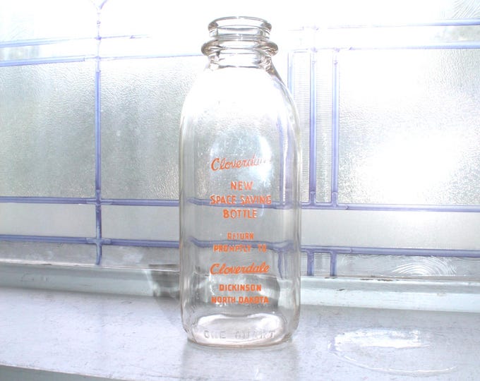 Vintage Square Quart Milk Bottle Cloverdale Dairy Dickinson ND