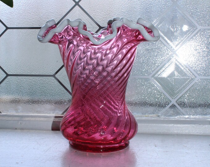 Vintage Fenton Glass Vase Snow Crest On Ruby Red 1960s