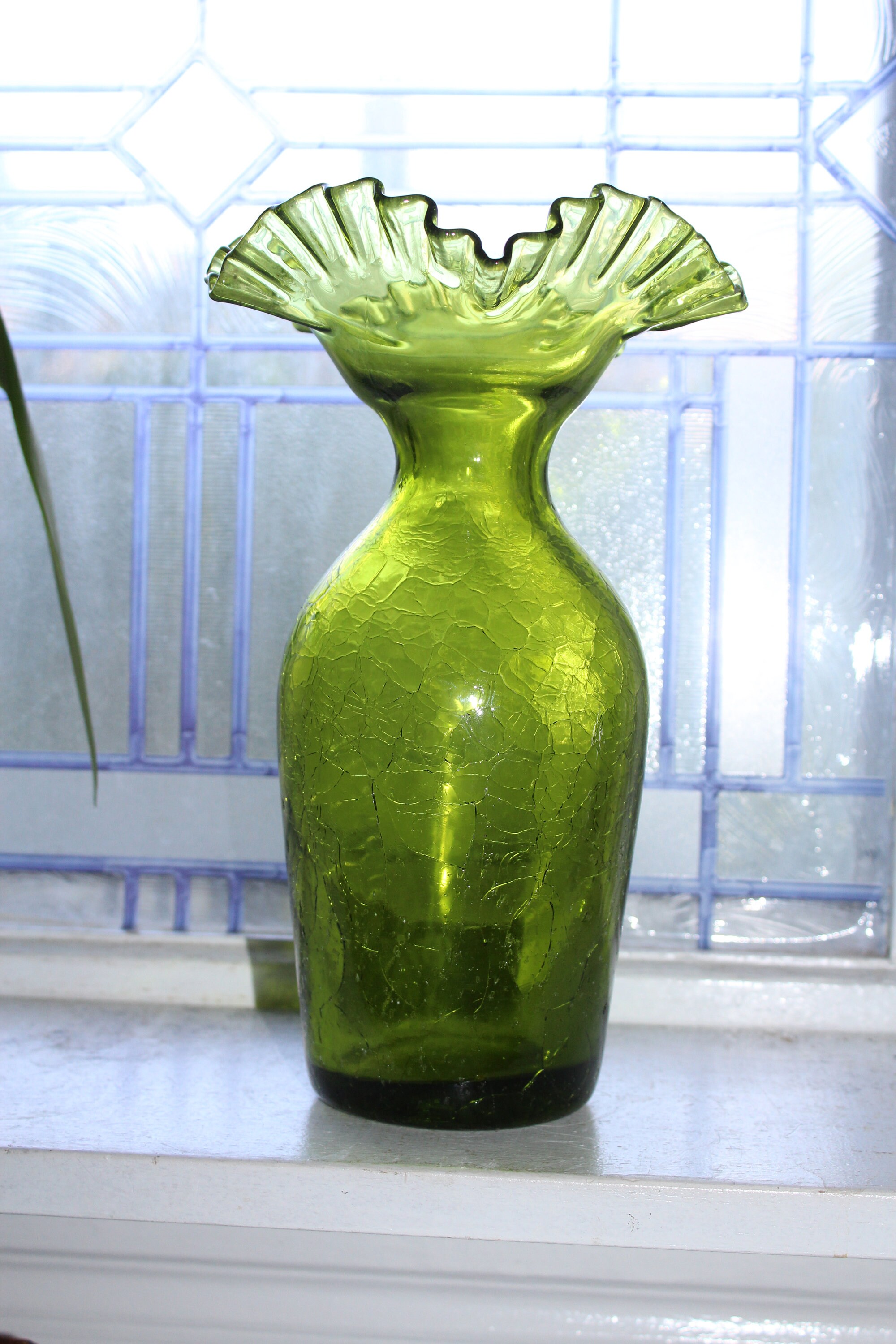 Large Mid Century Modern Green Crackle Glass Vase with Ruffled Rim