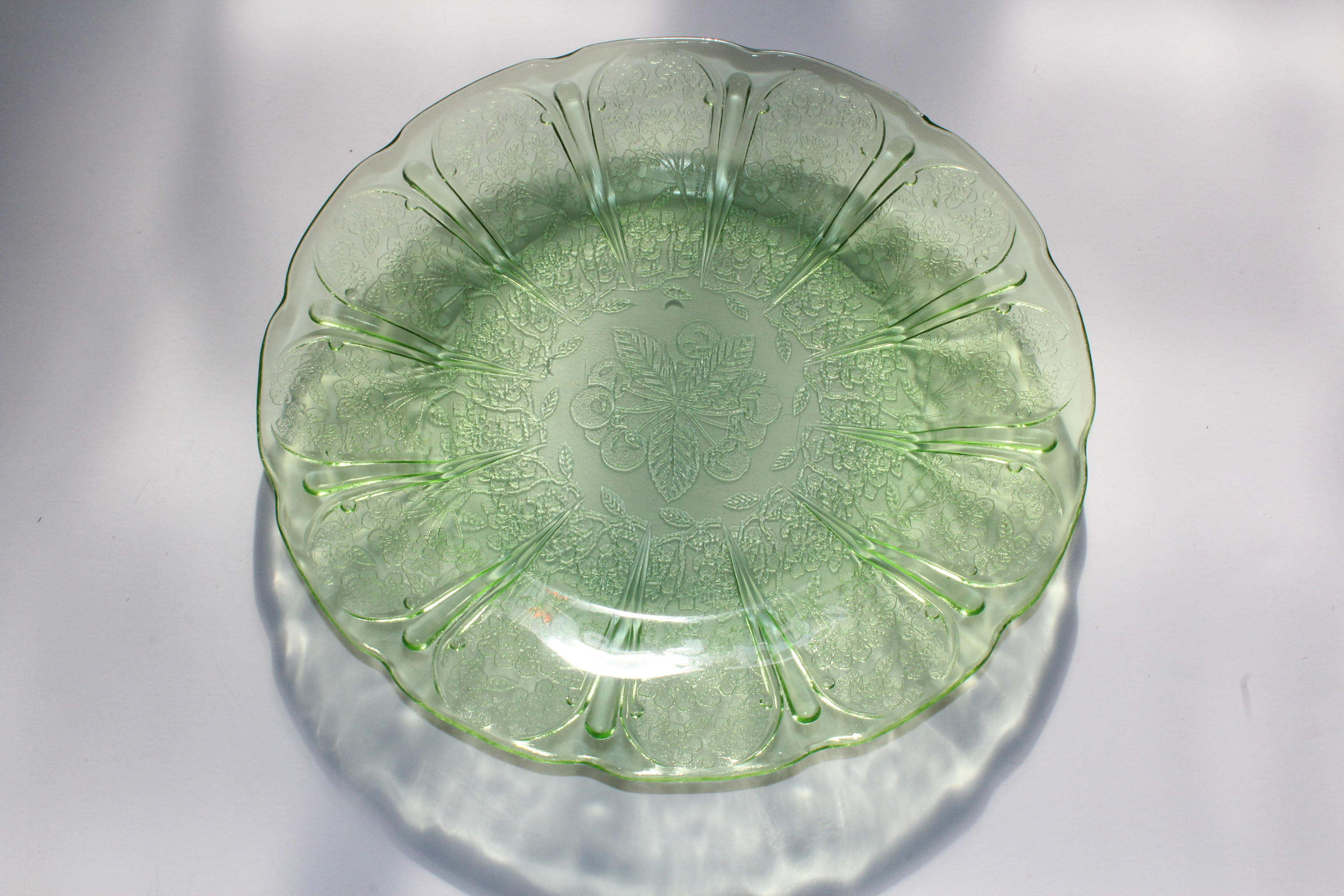 Green Depression Glass Dinner Plate Cherry Blossom Vintage 1930s