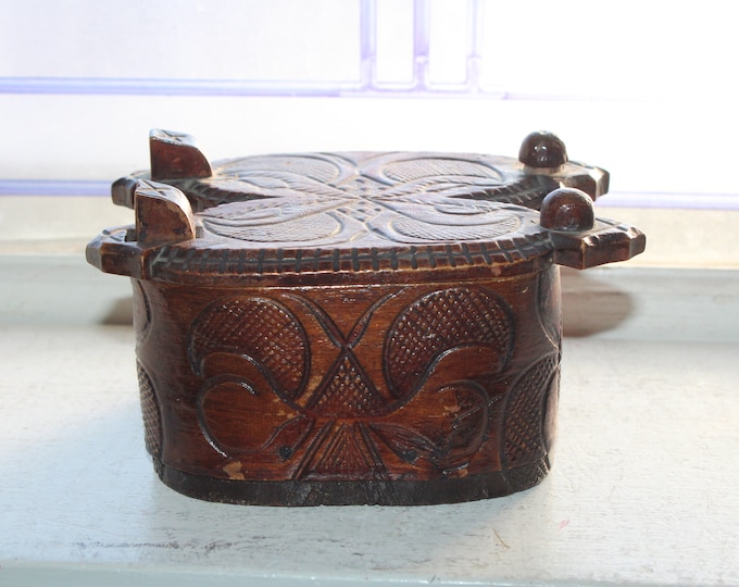 Antique Norwegian Carved Wood Double Tine Box Circa Mid 1800s