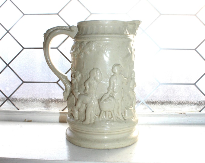 Antique White Stoneware Ale Jug Pitcher with Relief Molded Tavern Scenes