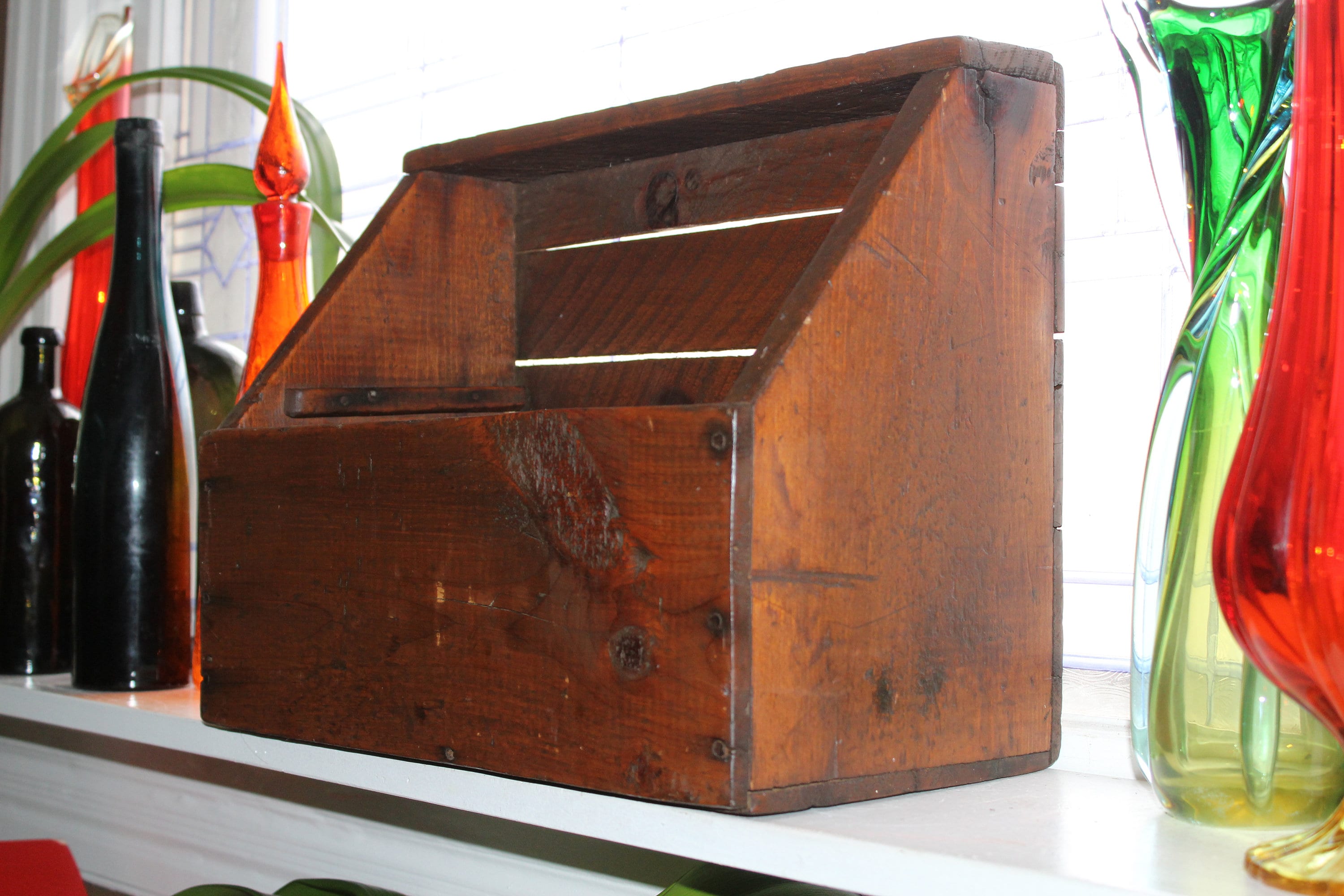 Antique Wood Box with Top Shelf Primitive Farmhouse Decor