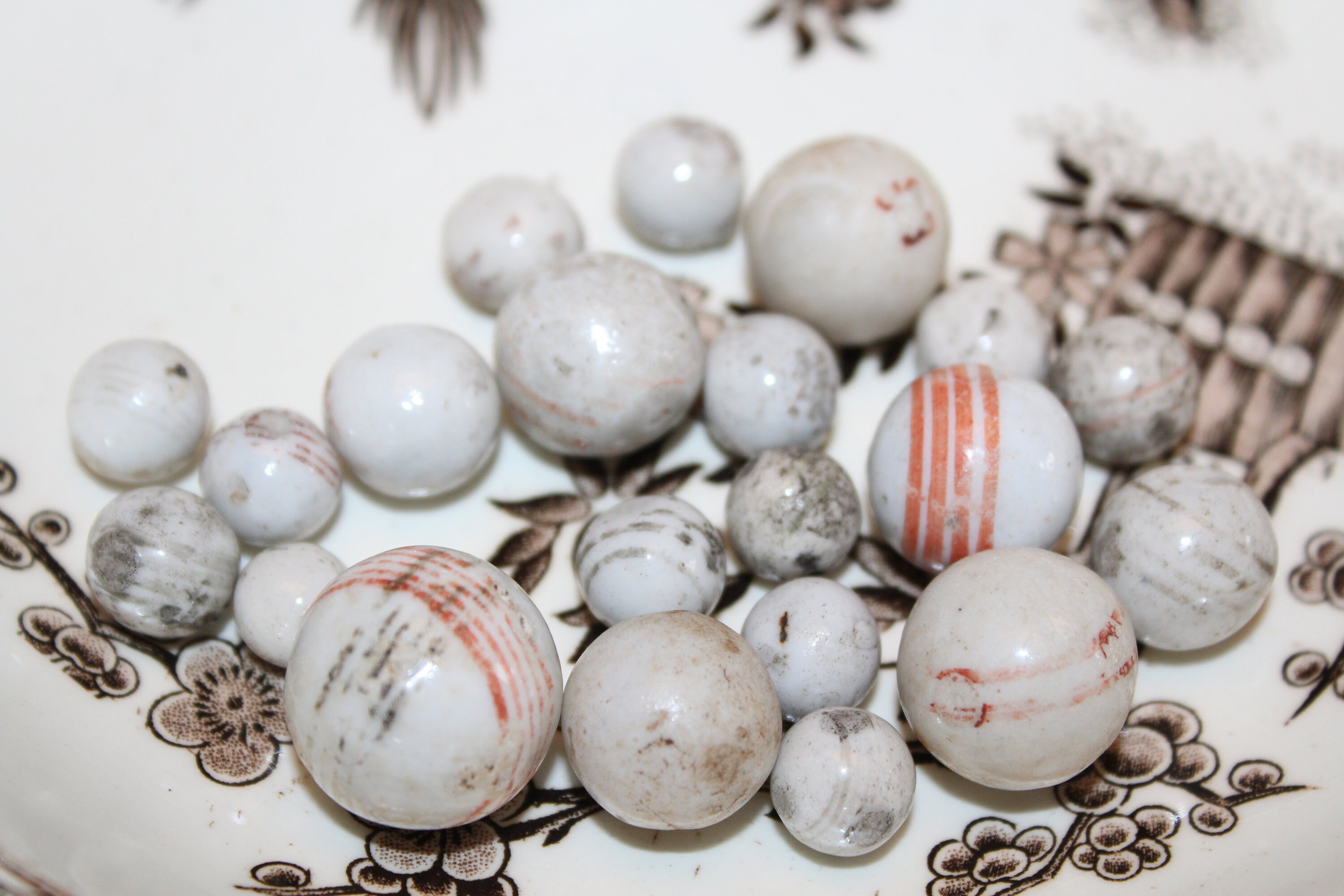 21 Antique China Marbles Hand Made Hand Painted Circa 1800s