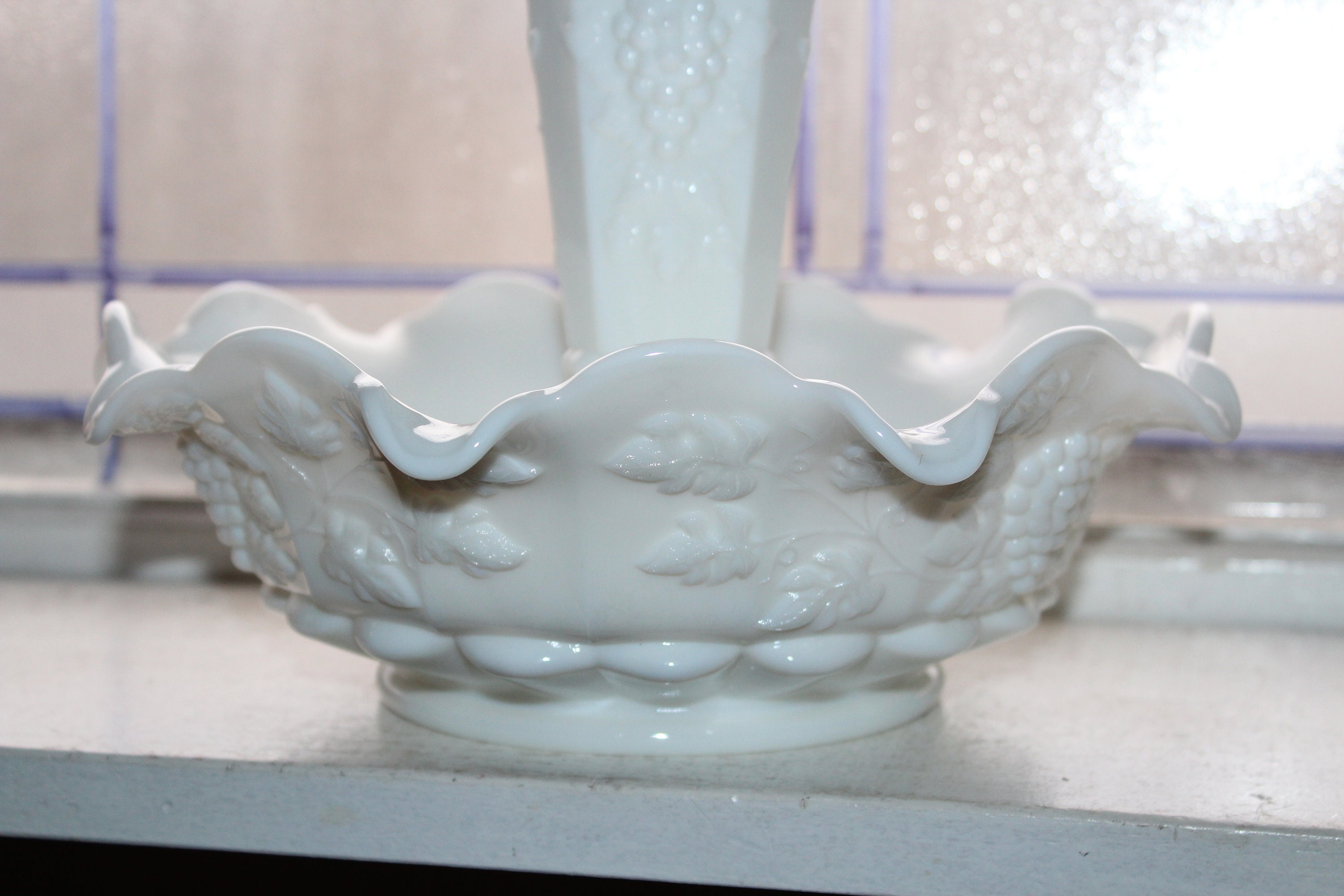 Vintage Milk Glass Epergne Centerpiece Westmoreland Grapes