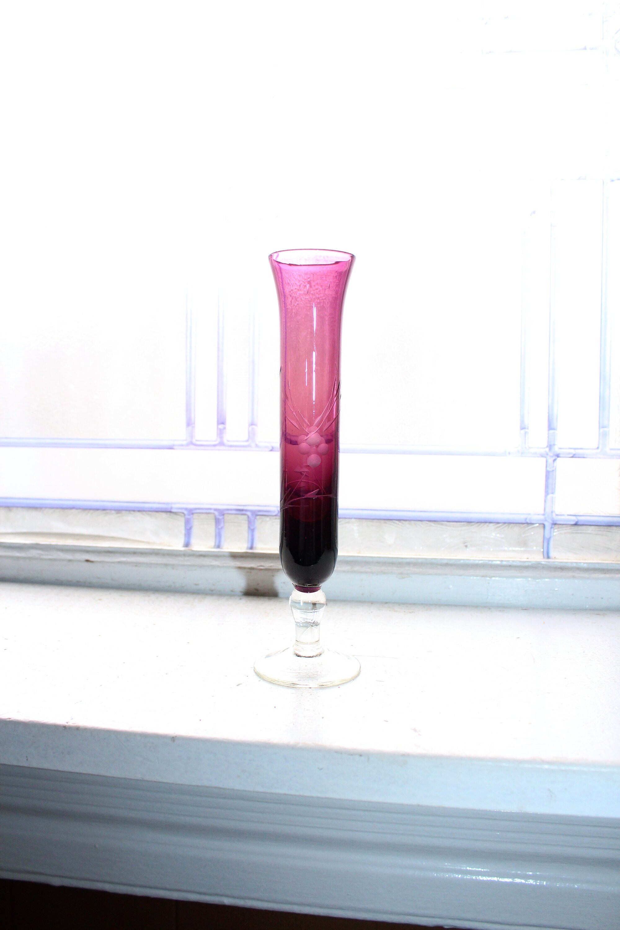 Vintage Etched Amethyst Purple Glass Bud Vase