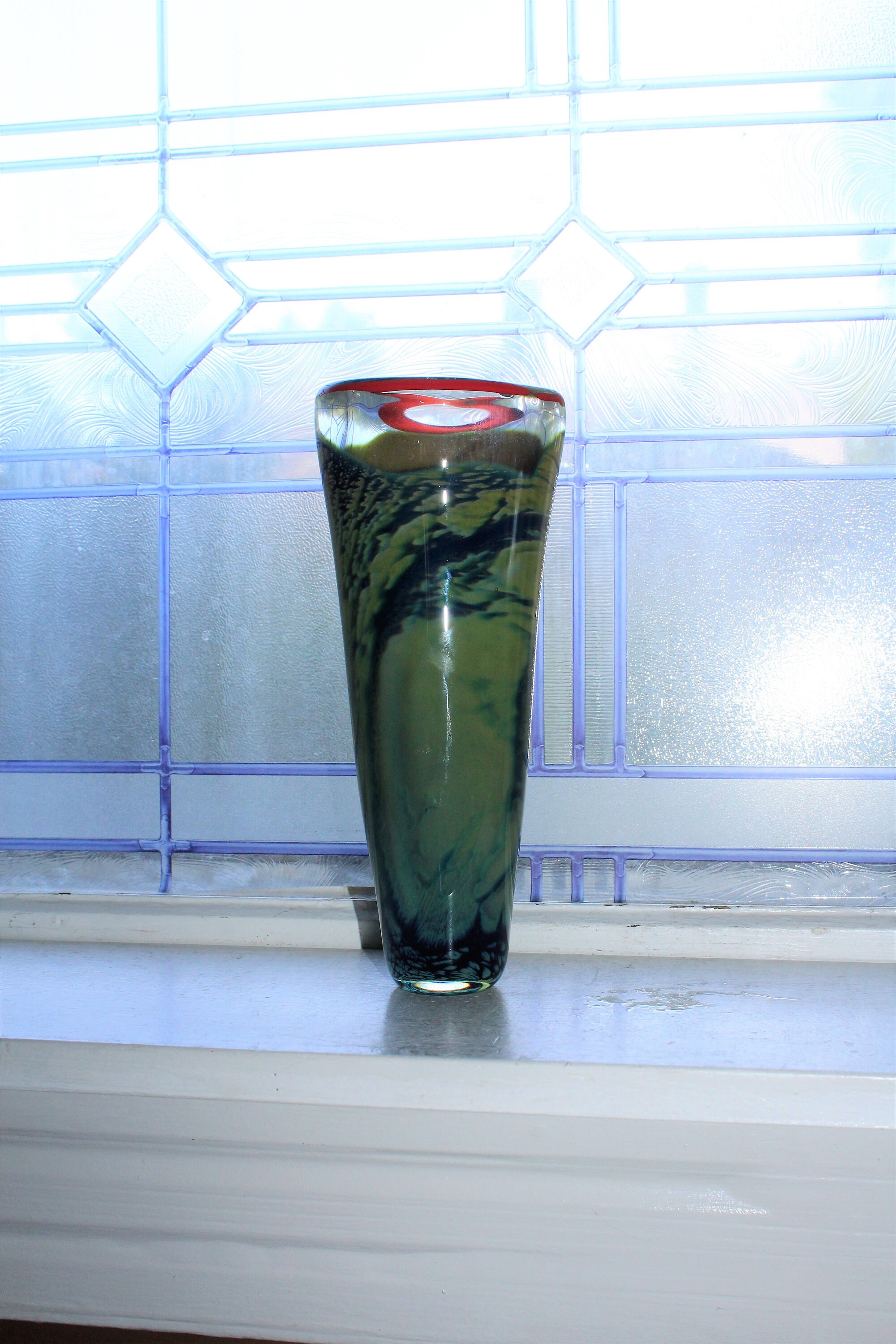 Large Art Glass Vase Hand Blown Green Blue Red 10