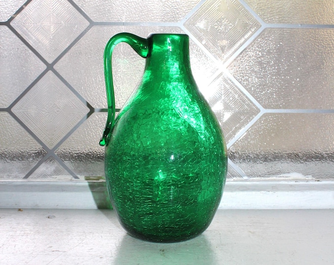 Vintage Mid Century Green Crackle Glass Pitcher Jug Bud Vase