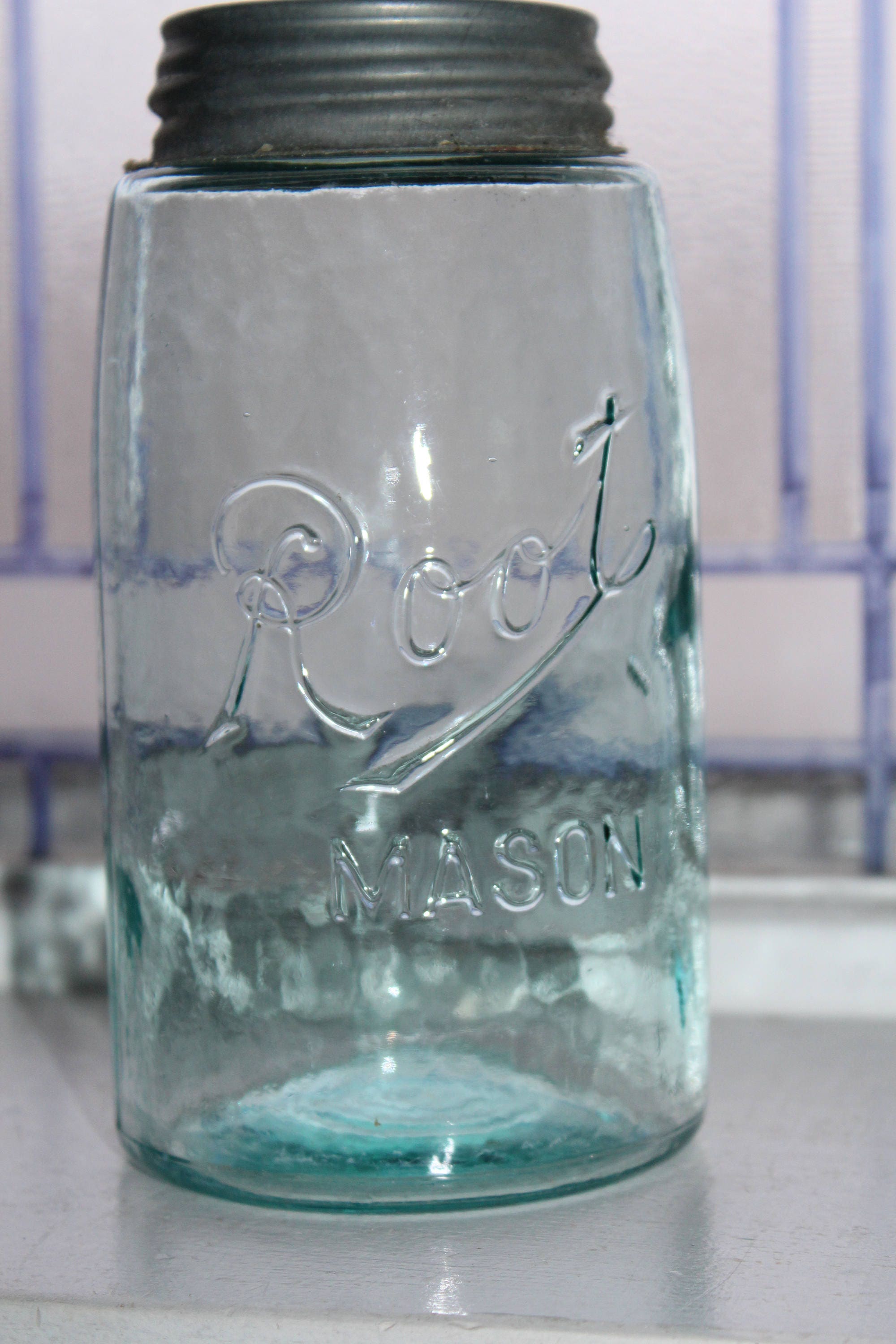 Blue Root Mason Jar Quart with Zinc Lid Antique 1900s