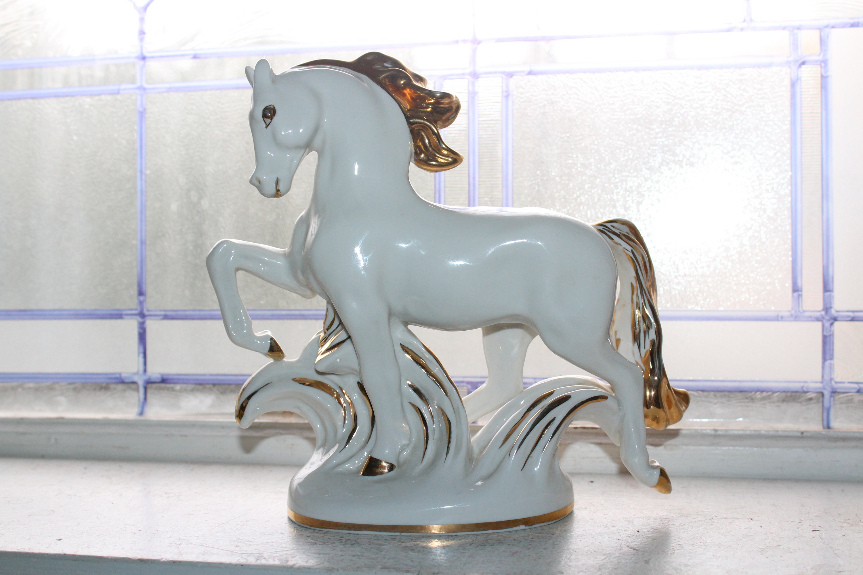 Large Vintage Lomonosov Porcelain Horse Statue White with Gold Trim