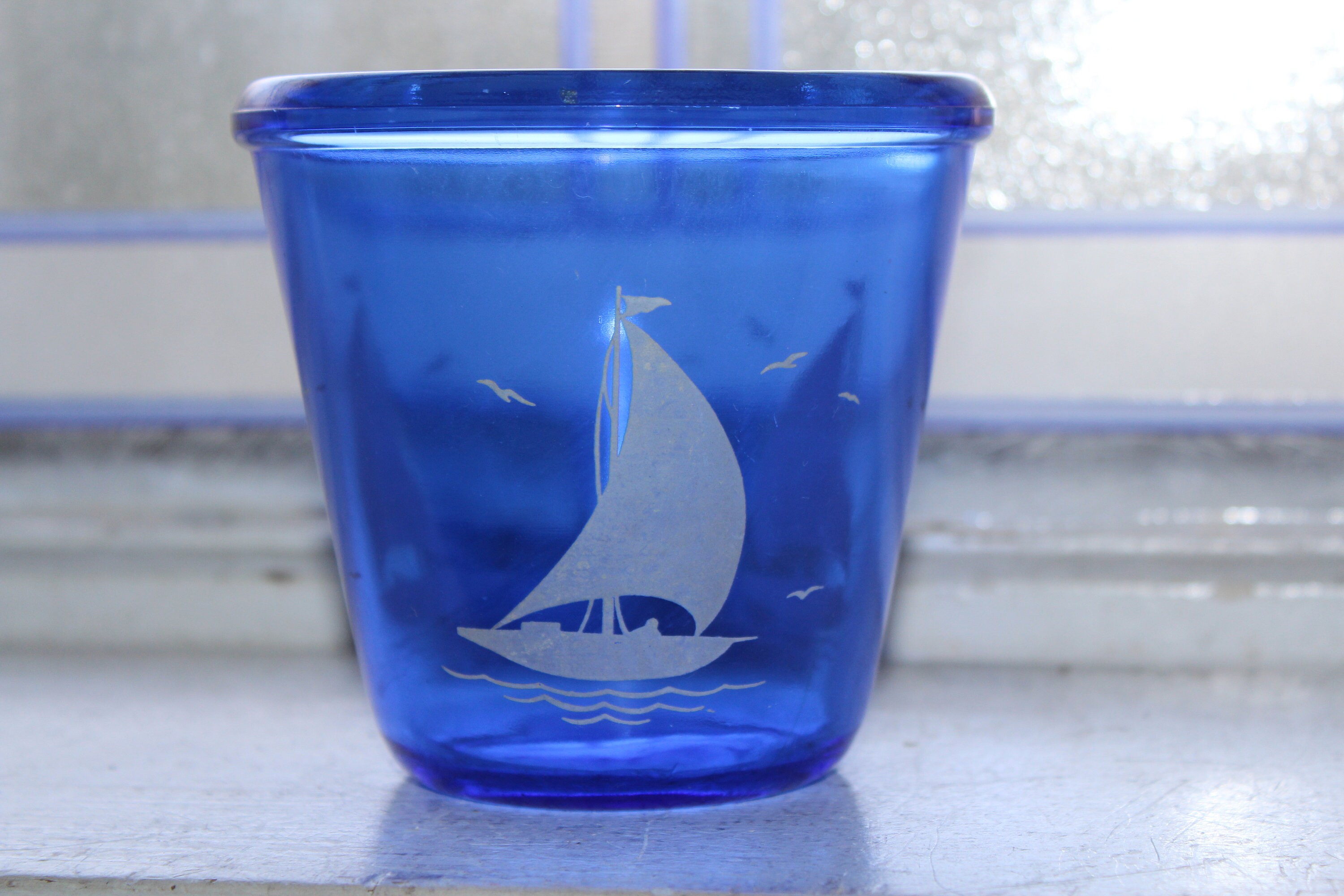 Vintage Cobalt Blue Glass Sailboat Ice Bucket 1930s Hazel Atlas