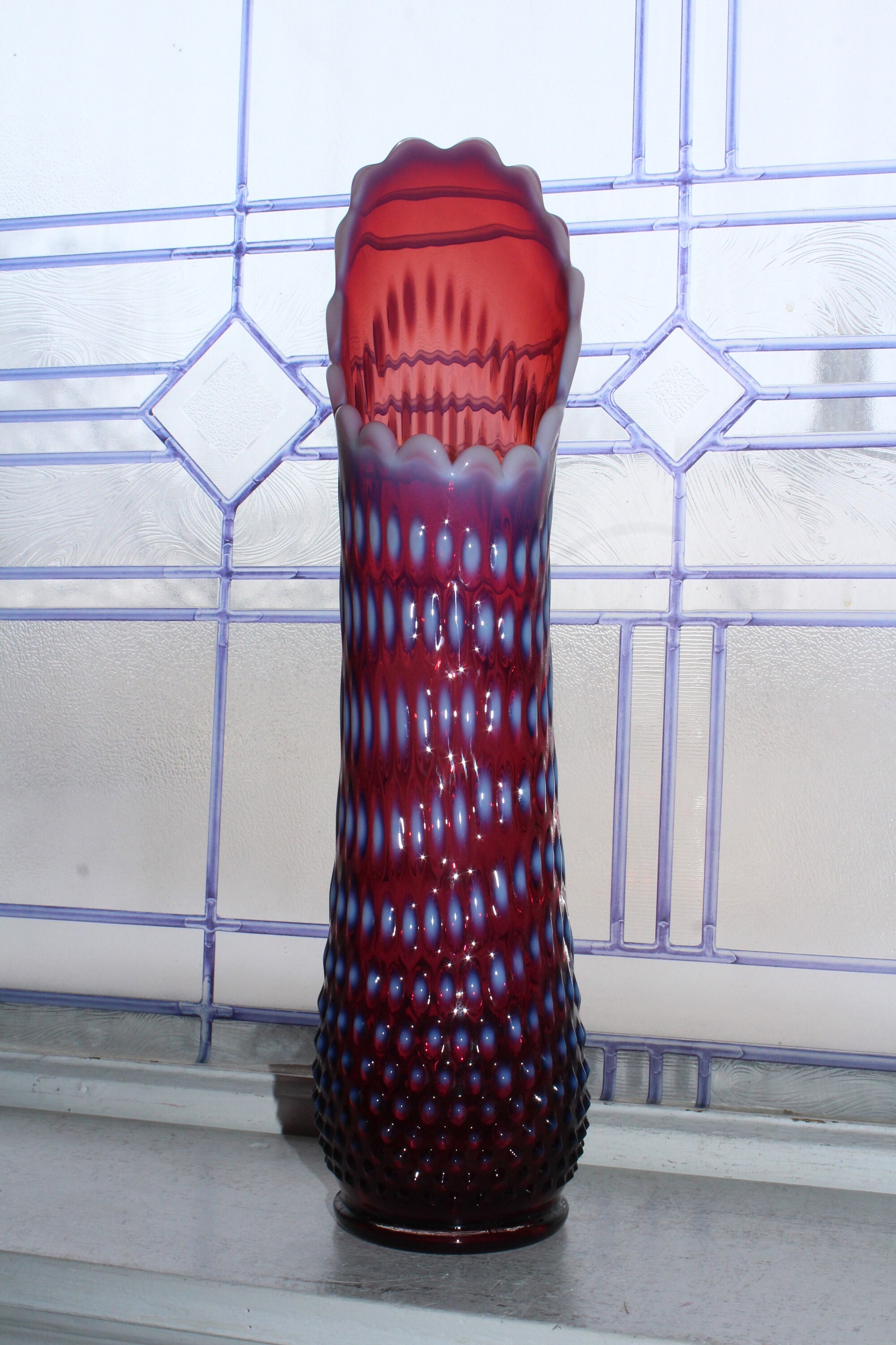 Large Vintage Fenton Plum Purple Vase Hobnail Swung Glass 15 3/4