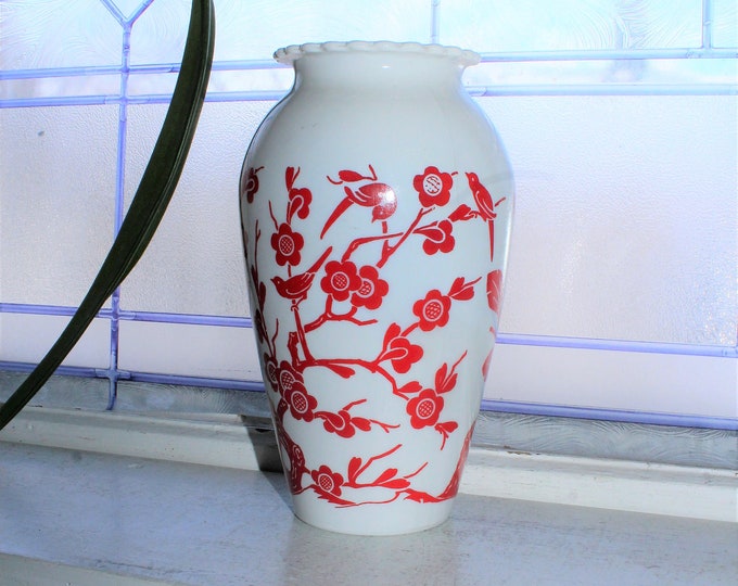 Large Milk Glass Vase with Red Asian Birds and Flowers