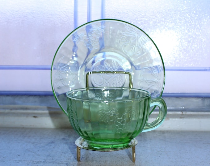 Green Depression Glass Cup & Saucer Hazel Atlas Fruits Vintage 1930s