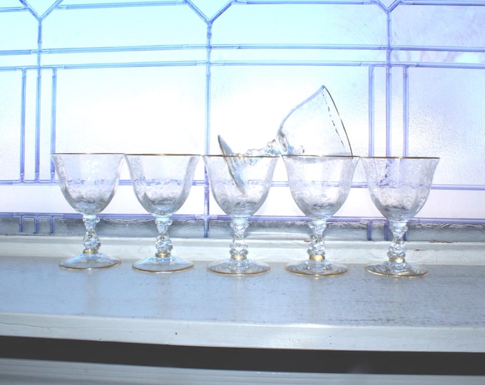 6 Cambridge Wildflower Oyster Fruit Cocktail Glasses with Gold Trim