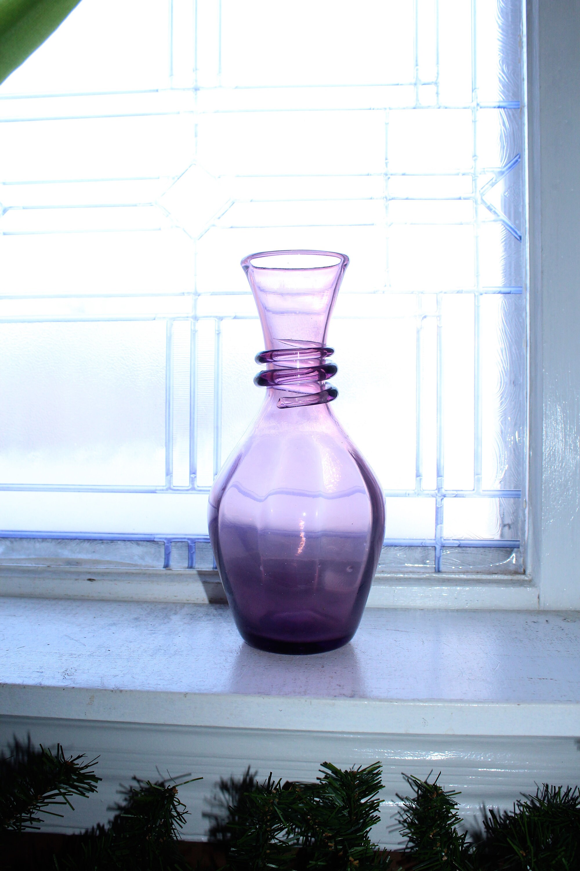 Purple Blenko Glass Vase with Applied Spiral Trim Vintage 1960s