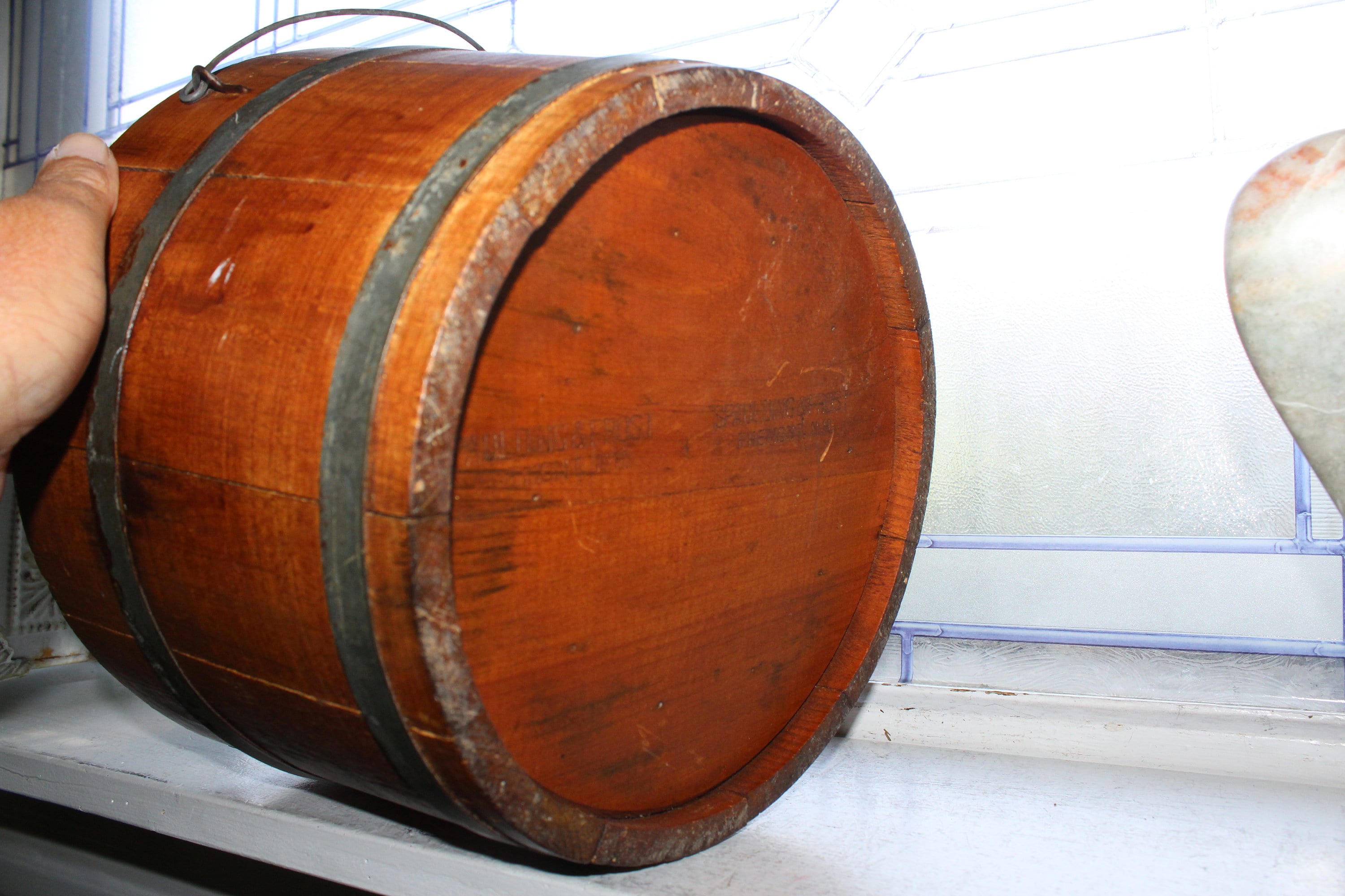 Large Antique Wooden Pail Wood Bucket Firkin Spaulding & Frost