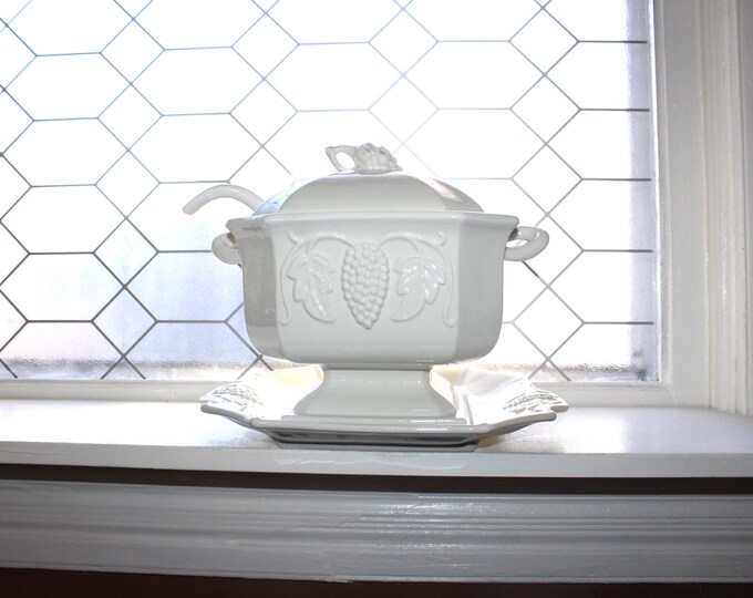 Vintage Red Cliff Covered Soup Tureen with Ladle and Underplate Grapes Pattern