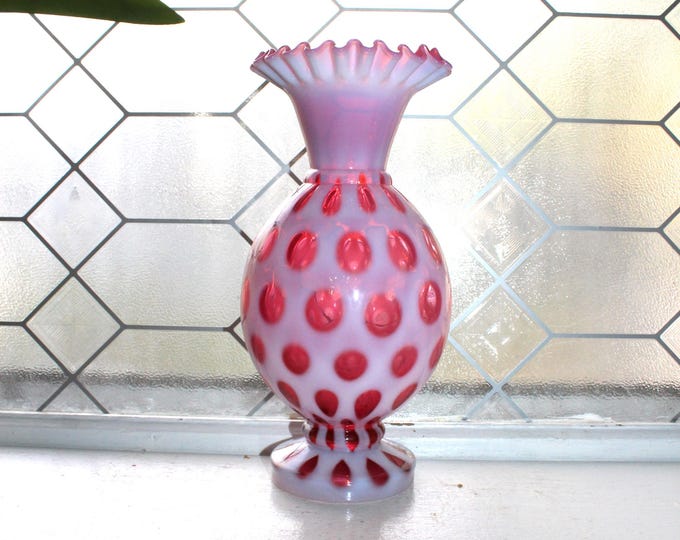 Fenton Cranberry Glass Coin Dot Vase Crimped Rim 10"
