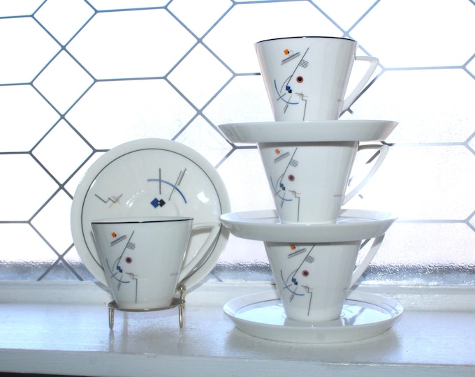 4 Art Deco Jazz Age Profile Cups and Saucers International Ultra Bone Post Modern Memphis