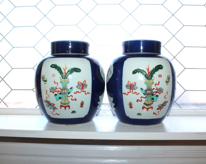 Antique Chinese Famille Verte Blue Temple Jars Pair Kangxi Double Ring Mark