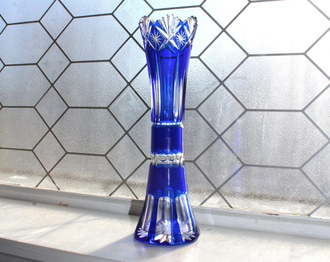 Vintage Bohemian Crystal Cobalt Blue Cut To Clear Vase