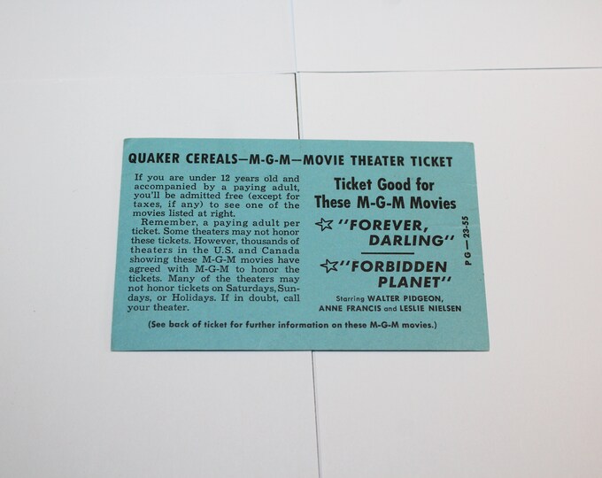 1955 MGM Movie Theater Ticket Forbidden Planet Forever Darling Cereal Premium