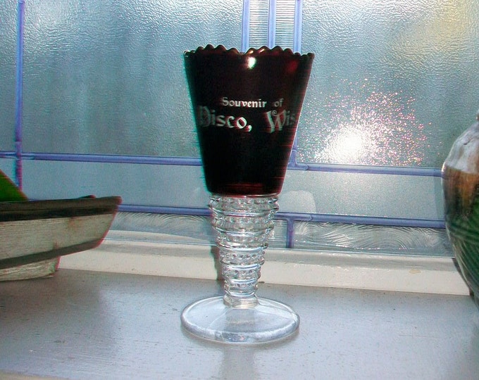 Disco Wisconsin Ruby Flashed Souvenir Vase Antique EAPG Glass