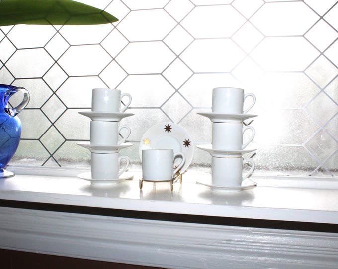 7 Vintage  Demitasse Cups and Saucers White with Gold Stars Pier 1