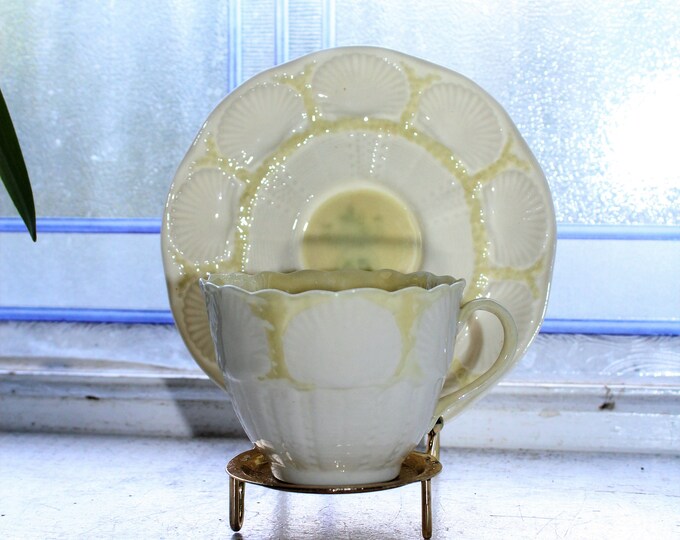 Vintage Irish Belleek New Shell Cup and Saucer 5th Green Mark