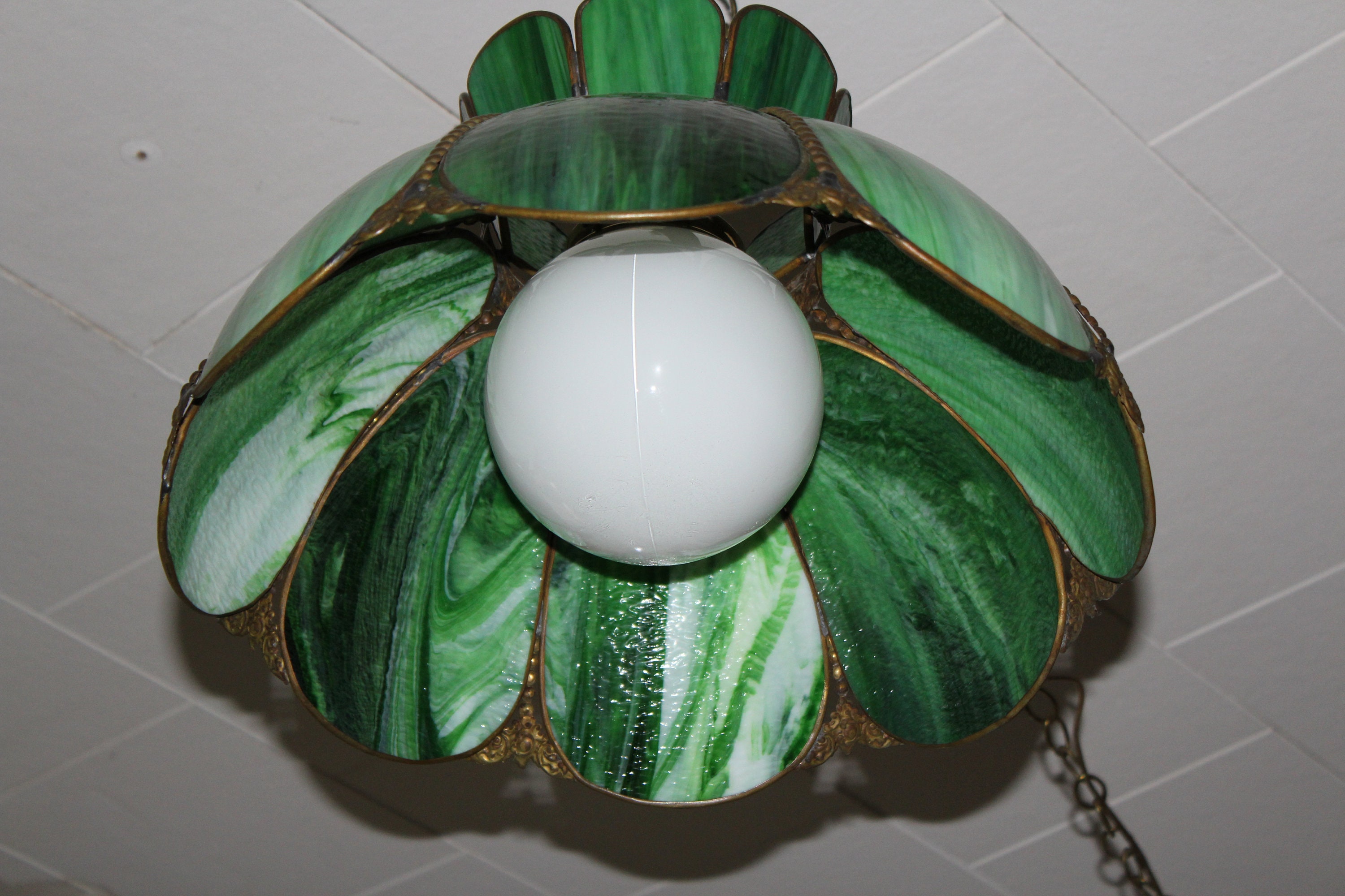 Vintage Stained Glass Hanging Lamp Retro 1970s